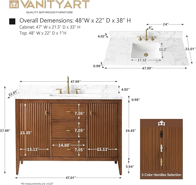 Vanity Art 48 inch Walnut Bathroom Vanity with Single Sink & Ceramic Top, Vanity Cabinet with Soft-Closing Door, Solid Wood Frame, Linear Pattern, Walnut, VA9148-Walnut-MB,Matte Black Handles