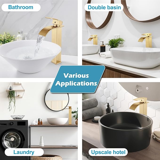 Midanya Waterfall Spout Bathroom Faucet Single Handle 1 Hole Bathroom Sink Faucet,Modern RV Lavatory Vanity Basin Tap with Water Hose,No Drain,Tall Body,Brushed Gold