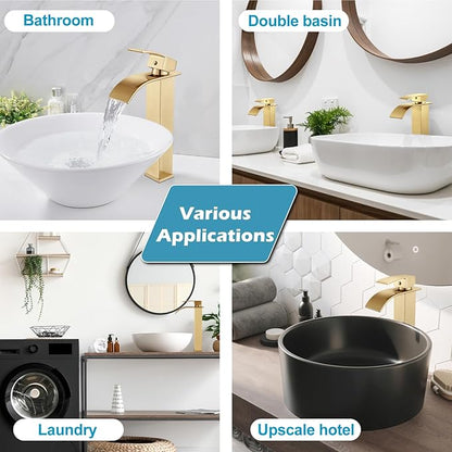 Midanya Waterfall Spout Bathroom Faucet Single Handle 1 Hole Bathroom Sink Faucet,Modern RV Lavatory Vanity Basin Tap with Water Hose,No Drain,Tall Body,Brushed Gold