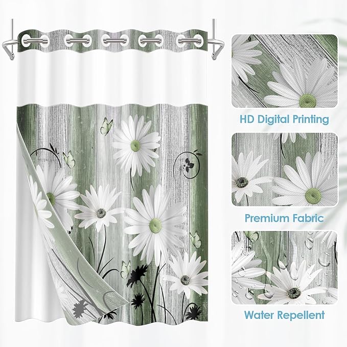 No Hook Shower Curtain with Snap in Liner 71x74 Inch Daisy Green | Farmhouse Rustic Butterfly Modern Double Layers Waterproof Fabric with See Through Top Window Open Grommet Bath Curtain