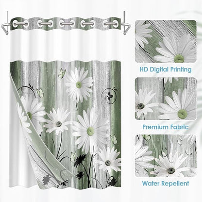No Hook Shower Curtain with Snap in Liner 71x74 Inch Daisy Green | Farmhouse Rustic Butterfly Modern Double Layers Waterproof Fabric with See Through Top Window Open Grommet Bath Curtain