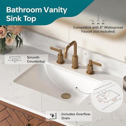 48 Inch Bathroom Vanity with Sink, Pre Assembled, Walnut | Solid Wood Single Sink Bathroom Vanity with Soft Close Doors & Dovetail Drawers, 0.78" Engineered Stone Top, Backsplash