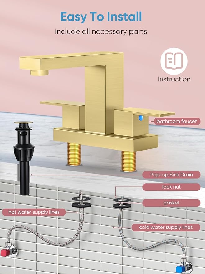 Cobbe Bathroom Faucets for Sink 3 Hole, Brushed Gold Bathroom Sink Faucet Square 4 Inch Centerset with Pop-Up Drain, 2 Handle and 2 Supply Hoses, Lead-Free Stainless Steel for Vanity, Rv, Farmhouse