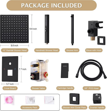 Rain Shower System, 10''Square Rain Head,2-Spray Handheld,Matte Black | 2 Spray Functions,Anti-Tangle Explosion-proof PVD Hose,Balance Temp Valve,Rust-proof & Scratch-resistant