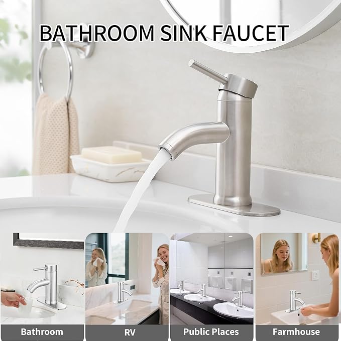 Brushed Nickel Bathroom Faucets Single Hole Bathroom Sink Faucet | Modern Single Handle Bathroom Faucte 1 or 3 Hole, RV Sink Vanity Faucet (with Drain, Brushed Nickel)