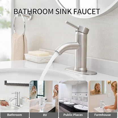 Brushed Nickel Bathroom Faucets Single Hole Bathroom Sink Faucet | Modern Single Handle Bathroom Faucte 1 or 3 Hole, RV Sink Vanity Faucet (with Drain, Brushed Nickel)