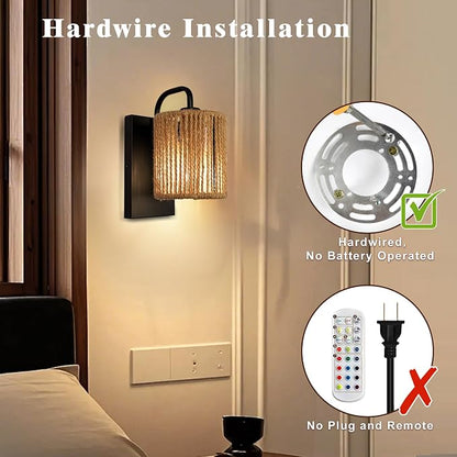 Boho Wall Sconce Rattan Wall Light Fixtures Hemp Rope Sconces | 10 inch Rattan Sconces for Bedroom Living Room Bathroom Hallway Rustic Bohemian Modern Woven Sconce E26