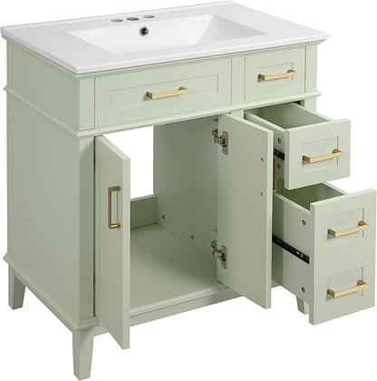 Favfurish 30" Bathroom Vanity with Ceramic Sink, Modern Storage Cabinet with Soft-Close Doors,Deep Drawer & Standard Drawer, Stylish Bath Vanity for Small Bathroom,Easy Assembly,Green