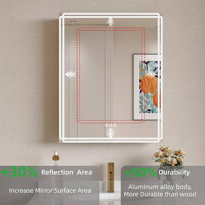 Buruis 16'' x 24'' Medicine Cabinet with Lights and Mirrors, Recessed or Wall Mounted Modern Bathroom Cabinet with 3-Mode Light, Anti-Fog, Dimmable, Memory Function, Outlet, Silver