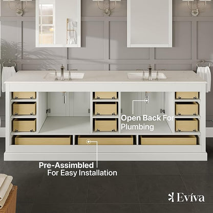 Eviva Storehouse Freestanding Double Sink Bathroom Vanities - White 84” Vanity with Sink and Countertop - Solid Wood Bathroom Sink Vanity