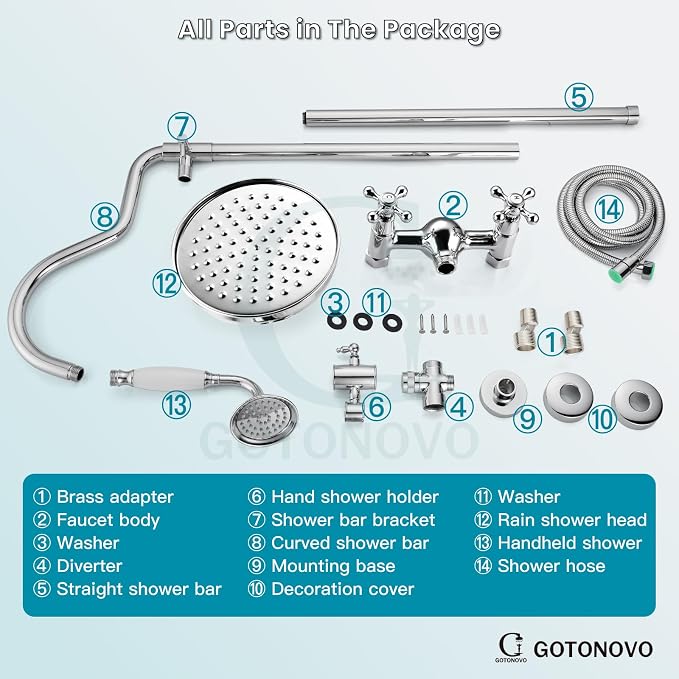 gotonovo Exposed Shower Faucet Set Luxury,Polish Chrome,Curved Arc Rod | Bathroom 8” Shower Head with Handheld Spray System Fixtures,Vintage Two Cross Handle,Wall Mount,for 5-6.7" Hole,Adjust Height