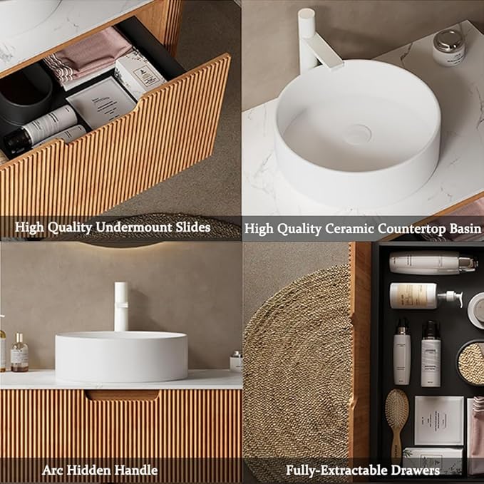 24'' Bathroom Vanities Cabinet with Sink Combo, Wall Mounted Floating Cabinet W/Curved Edges Stripes, Oak Plywood, Soft-close System with a Drawer, White Round Ceramic Basin - Kiel, Natural Wood