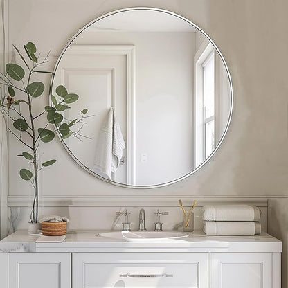 Small Round Mirror, 16 inch Nickel Circle Mirror with Metal Frame | High Definition Mirror, Waterproof, Easy Installation, Circular Mirrors for Vanity, Nursery, Bedroom, Wall Décor