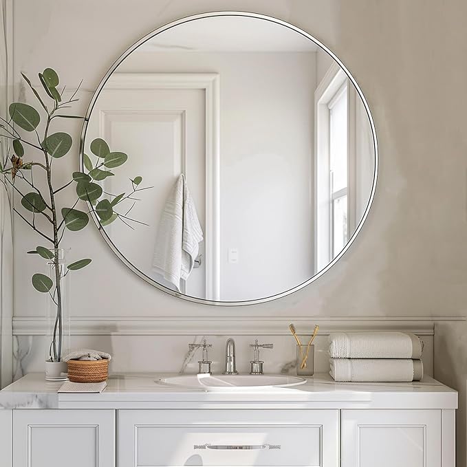 Round Mirror 22 inch, Nickel Bathroom Mirror, Brushed Metal Frame | Brushed Metal Frame, High Definition Mirror, Waterproof, Suitable for Bedroom, Bathroom, Entryway, Living Room, Vanity