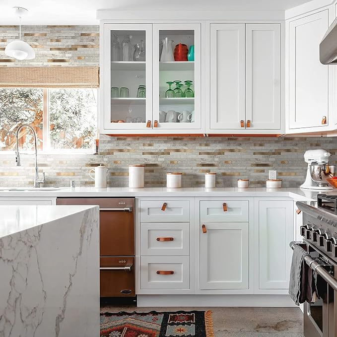 KASARO Peel and Stick Marble Backsplash Tile, 1-Sheet, Beige Marble with Vintage Golden Stripes, Self-Adhesive Aluminum Wall Tile for Kitchen, Bathroom, Fireplace, RV (11.4”x10.6”, 4mm Thick)