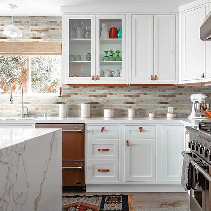 KASARO Peel and Stick Marble Backsplash Tile, 1-Sheet, Beige Marble with Vintage Golden Stripes, Self-Adhesive Aluminum Wall Tile for Kitchen, Bathroom, Fireplace, RV (11.4”x10.6”, 4mm Thick)