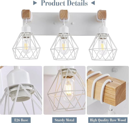 VbiTmn Bathroom Light Fixtures, 3 Light White Farmhouse Wood Vanity Lights | Rustic Design, Diamond Metal Shades, Easy to Install, Wall Sconces for Bathroom, Bedroom, Makeup Area, Over Vanity Mirror