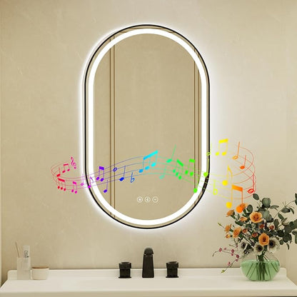 24x40 Inch Oval Black Framed LED Bathroom Mirror with Lights, Built-in Bluetooth Speaker,Tempered Glass,Dimmable Lighted Bathroom Vanity Mirror with 3 Colors, Backlit + Frontlit, Memory, Anti-Fog