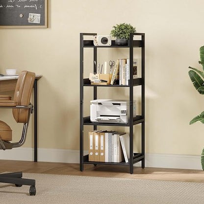 Rolanstar Bookshelf, 4-Tier Storage Rack, Narrow Corner Bookshelf, Display Wooden Shelves for Living Room, Bathroom, Balcony, Kitchen,Black