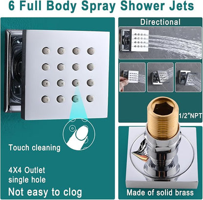 HOMEDEC LED Multi Functions Full Body Shower System with 6pcs Body Jets Spray with（Up/Down ）Shower Spout, Large 3 In 1 Modes 14x20inch Showerhead, Rainfall Mist Shower Faucet Set Complete, Chrome