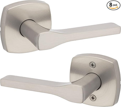 Kwikset Tripoli Lever Interior Passage Door Handle, Lever for Closet and Hallway Doors, Reversible Non-Locking Handle Lever, Satin Nickel, with Microban Protection (Pack of 8)