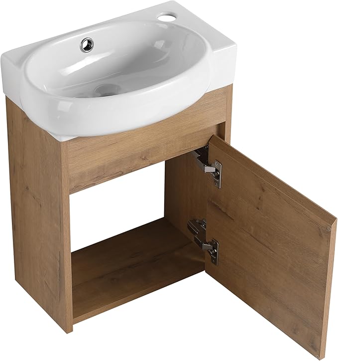 16" Wall-Mounted Bathroom Vanity with Sink - Floating Vanity Cabinet for Small Bathrooms, Soft-Close Door & Built-in Storage, Honey Oak Finish (Space-Saving Waterproof Design)
