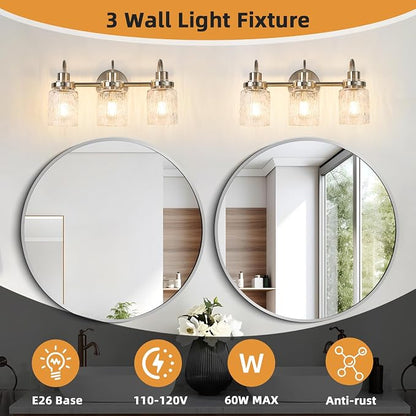 3 Lights Bathroom Vanity Light, Brushed Nickel Bathroom Light Fixtures with Hammered Glass Lampshade for Dressing Table,Over Mirror,Hallway