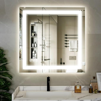 XRAMFY 40"X40" LED Bathroom Mirror, Backlit + Front Lit Wall Mirror | LED Bathroom Mirror with Lights for Wall, 3 Colors, Anti-Fog, Dimmable Brightness, Tempered Glass