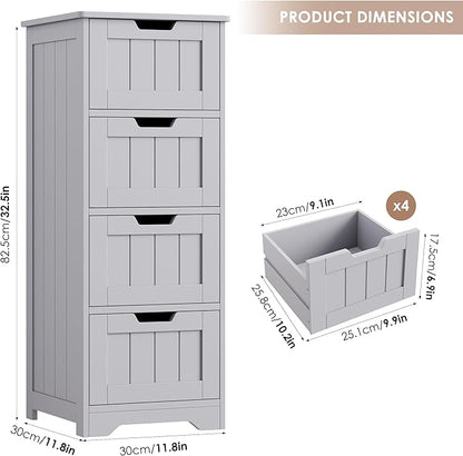 FOTOSOK Bathroom Storage Cabinet, Bathroom Cabinet with 4 Drawers, 11.8” x 11.8” x 32.5” Freestanding Entryway Cupboard Storage Organizer Unit Home Furniture Decor, Grey
