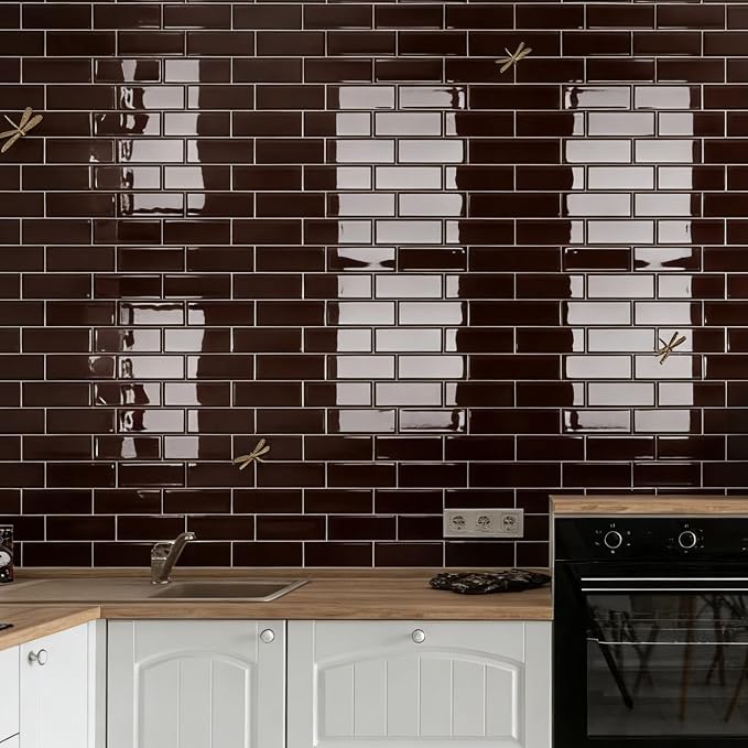 Art3d Peel and Stick Backsplash, Subway Wall Tile, 10-Pack, Dark Burgundy | 12 x 12 Inch, Water Resistant, Durable, Easy to Installation, Coastal Style, for Modern Home Decor, Kitchen, Home Improvement