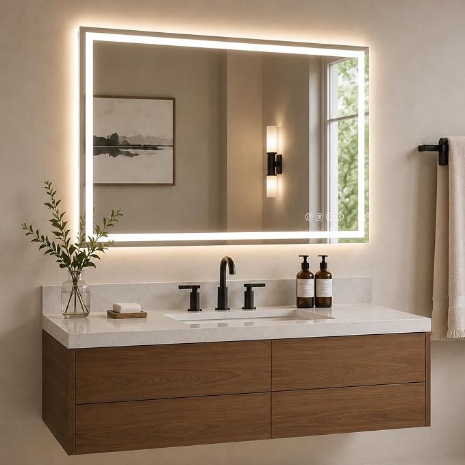 Snowdool 48 x 40 in RGB LED Bathroom Mirror, Front and Backlit, Anti-Fog | 8 RGB Backlight Modes, 3 Front Light Colors, Anti-Fog, Tempered Glass