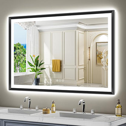 55x36 Black Framed LED Bathroom Mirror with Lights, Backlit and Front Light, Lighted Bathroom Vanity Mirror for Wall Dimmable Anti-Fog Memory Tempered Glass Horizontal/Vertical