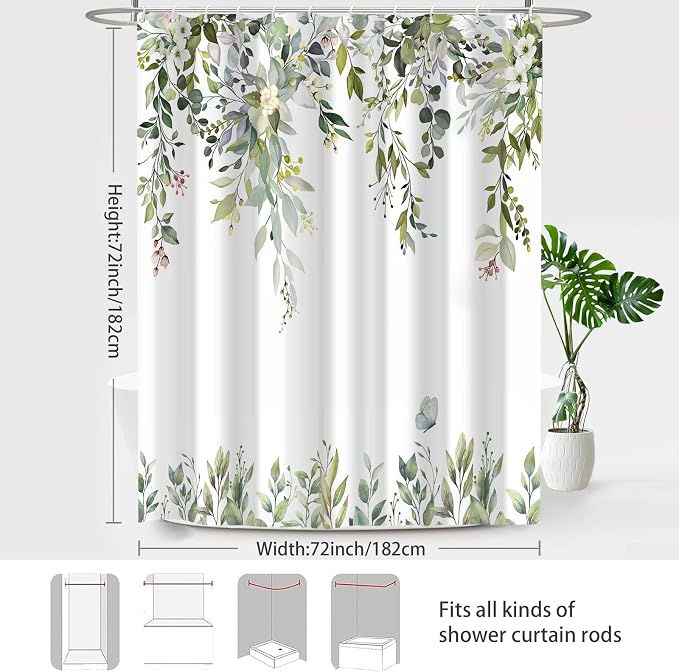 Sage Green Floral Eucalyptus Shower Curtain with Hooks, 72x72 Inch | Waterproof Fabric, Watercolor Leaves and Floral, Botanical Style, Machine Washable, Quick-Drying, for Hotel Bathroom