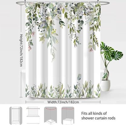 Sage Green Floral Eucalyptus Shower Curtain with Hooks, 72x72 Inch | Waterproof Fabric, Watercolor Leaves and Floral, Botanical Style, Machine Washable, Quick-Drying, for Hotel Bathroom