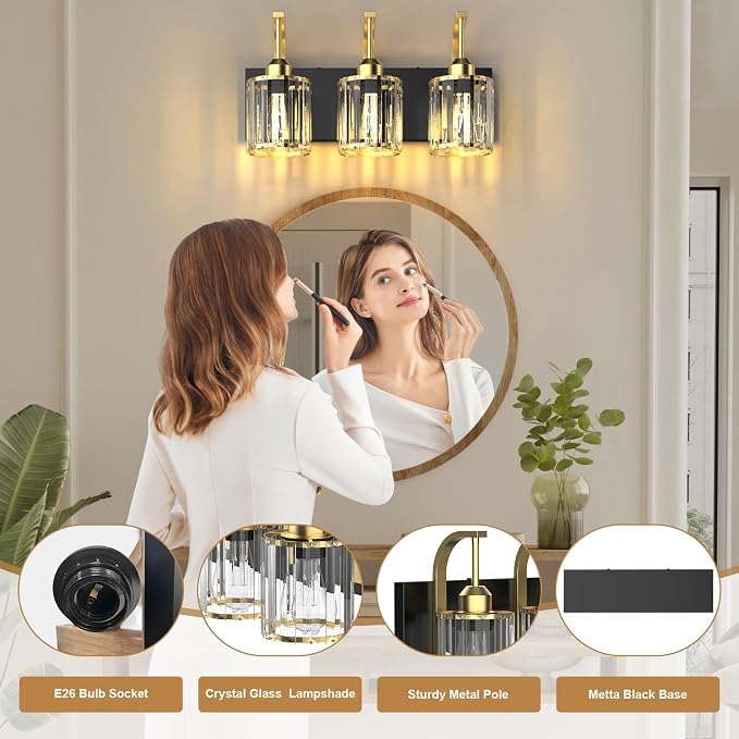 3-Light Bathroom Vanity Light Fixtures, Modern Bathroom Lighting Fixtures Over Mirror with Golden Crystal Lampshade, E26 Base Modern Vanity Lighting, Suit for Stairway Bedroom and Hallway