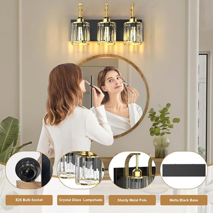 3-Light Bathroom Vanity Light Fixtures, Modern Bathroom Lighting Fixtures Over Mirror with Golden Crystal Lampshade, E26 Base Modern Vanity Lighting, Suit for Stairway Bedroom and Hallway