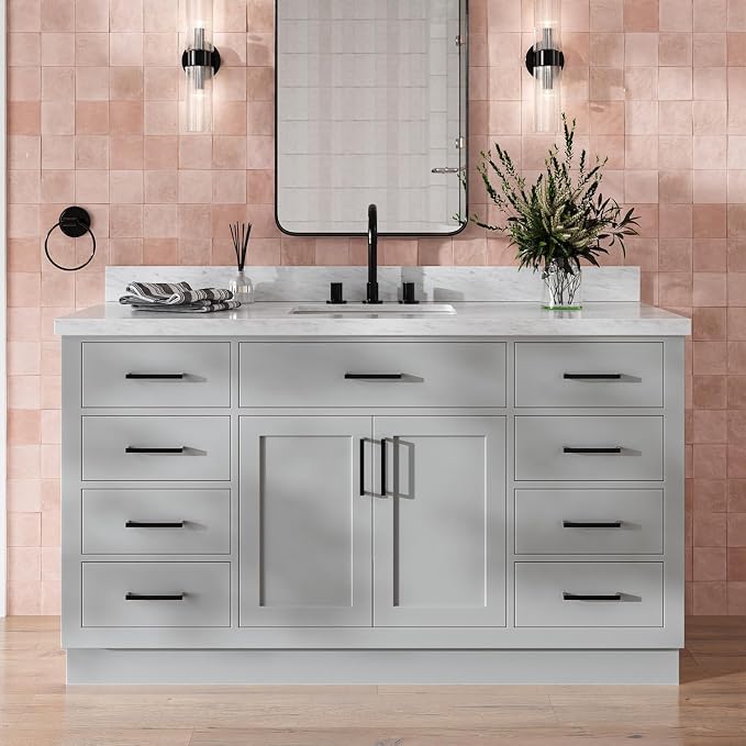 Isabella 60 Inch Bathroom Vanity Single Sink — Grey Bathroom Vanity with Sink, 1.5" Edge Italian Carrara Marble Countertop, Solid Wood, 2 Soft-Close Doors, 8 Dovetail Drawers + Tilt Drawer