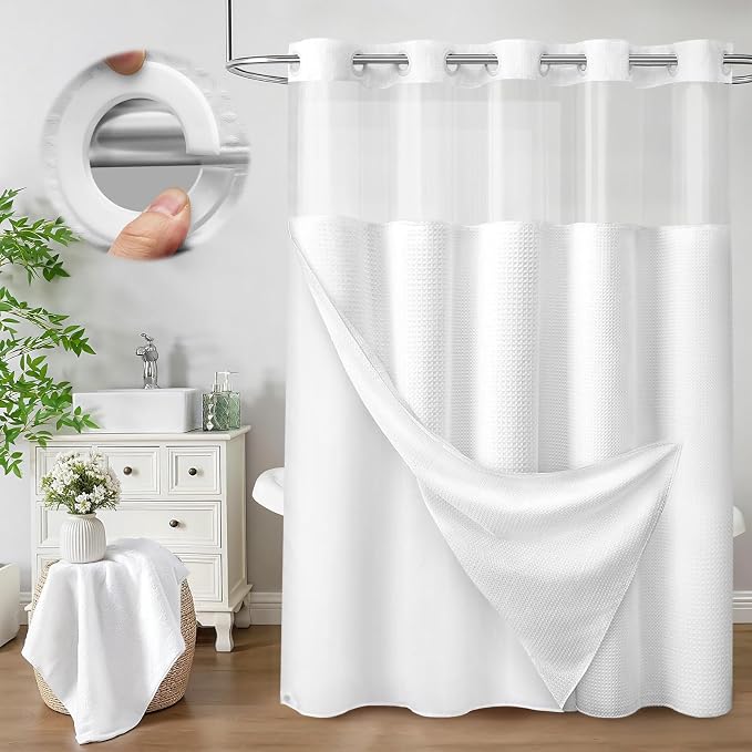 No Hook Shower Curtain with Fabric Liner White Hotel Waffle 75" L x 72" W,EVA Clear Window Shower | Washable Snap in Fabric Liner, Mesh Top Window, Waffle Hotel Style Shower Curtain Set