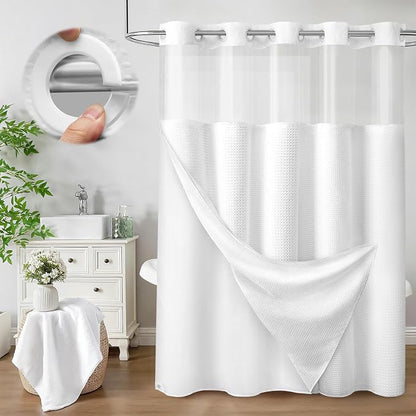 No Hook Shower Curtain with Fabric Liner White Hotel Waffle 75" L x 72" W,EVA Clear Window Shower | Washable Snap in Fabric Liner, Mesh Top Window, Waffle Hotel Style Shower Curtain Set