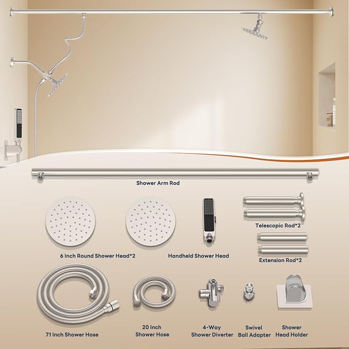 Dual Shower Head for Couples with 6-Mode Diverter, Brushed Nickel | 304 Stainless Steel, Adjustable High Pressure Double Shower Head, Couples Gift, Renter-Friendly, Fits 53"-74" Wide Bathrooms