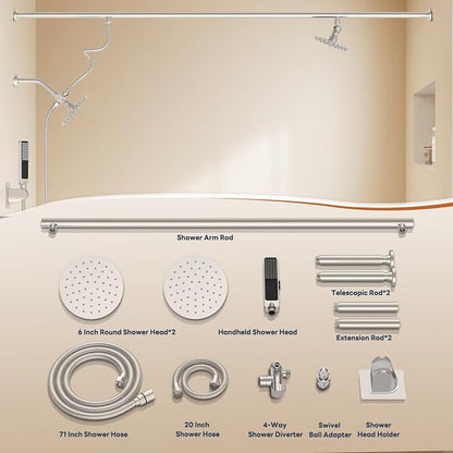 Dual Shower Head for Couples with 6-Mode Diverter, Brushed Nickel | 304 Stainless Steel, Adjustable High Pressure Double Shower Head, Couples Gift, Renter-Friendly, Fits 53"-74" Wide Bathrooms