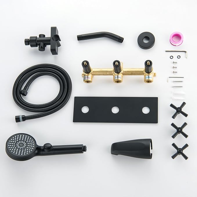 3 Handle Shower Faucet Set, Matte Black 3 Handle Tub and Shower Faucet Combo Bathtub Shower Faucets Completes