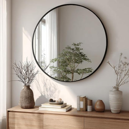 Big Round Mirror 40 inch, Black Circle Mirror, Matte Metal Frame | High Definition Mirror, Rust-resistant, Easy installation, Circular Mirror for Restroom, Cloakroom, Guest Room, Hallway