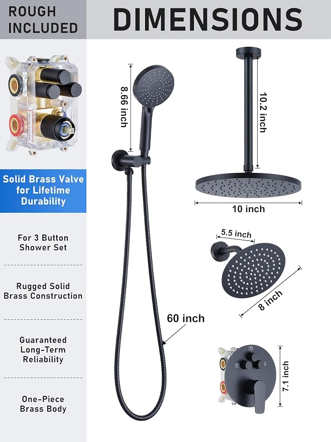 Woindo Shower Faucet Set 10" Rain Shower Head/8'' Side Shower Head and 3 Setting Handheld Ceiling Mount 3 Push Button Diverter Complete Rainfall Round Shower System Included Valve Trim Kit