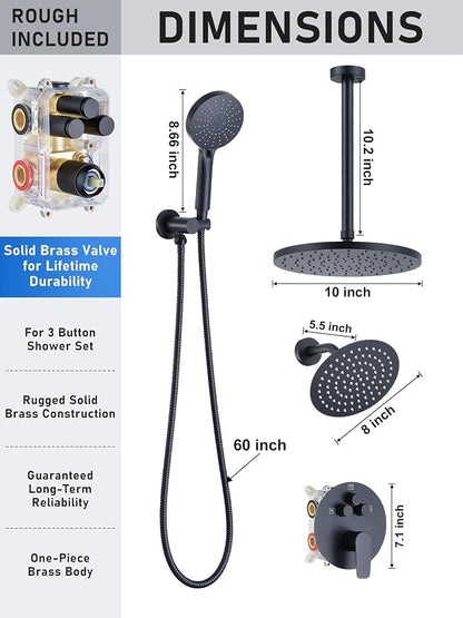 Woindo Shower Faucet Set 10" Rain Shower Head/8'' Side Shower Head and 3 Setting Handheld Ceiling Mount 3 Push Button Diverter Complete Rainfall Round Shower System Included Valve Trim Kit
