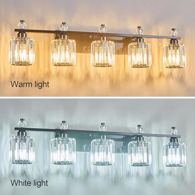 Bathroom Vanity Lights 5-Light Plating Black Modern Crystal Vanity Light Fixtures Over Mirror Crystal Bathroom Vanity Lighting Fixtures