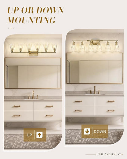 HWH INVESTMENT Bathroom Light Fixtures, 6-Light Brushed Gold Vanity Lights for Bathroom with Clear Floral Glass Shade, 41 inch Bathroom Vanity Lights Over Mirror for Bedroom, 5HJX110B-6W BG