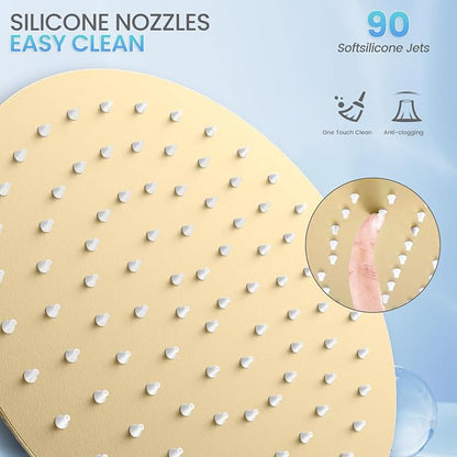 10 Inch Brushed Gold Round Rain Shower Head, All Metal Stainless Steel Rainfall Shower Heads with 100 Anti-Clog Silicone Nozzles, Wall or Ceiling Mount