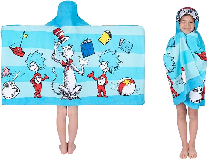 Dr. Seuss Cat In The Hat Bath/Pool/Beach Soft Cotton Terry Hooded Towel Wrap, 24 in x 50 in, By Franco Kids
