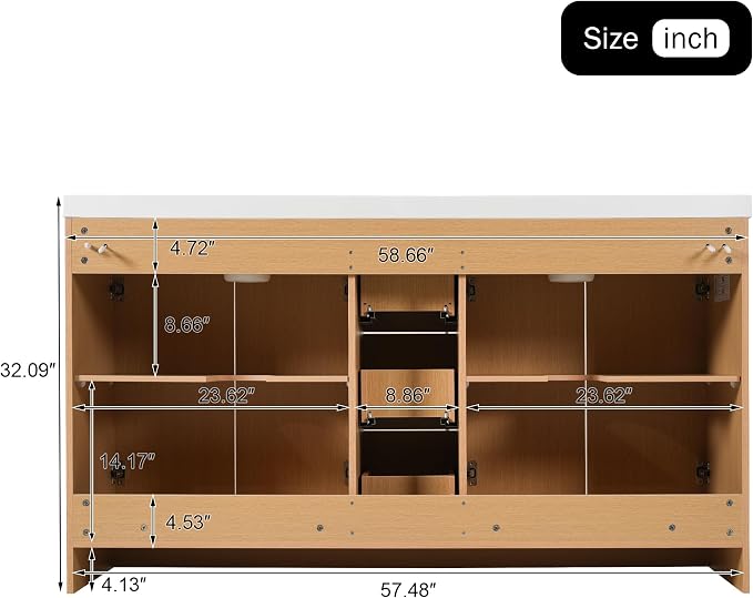 60 Inch Double Bathroom Vanity with Double Sinks, Soft Closing Doors and Drawers, Solid Wood Frame & MDF Modern Fluted Bathroom Sink Cabinet, Freestanding,Natural Wood